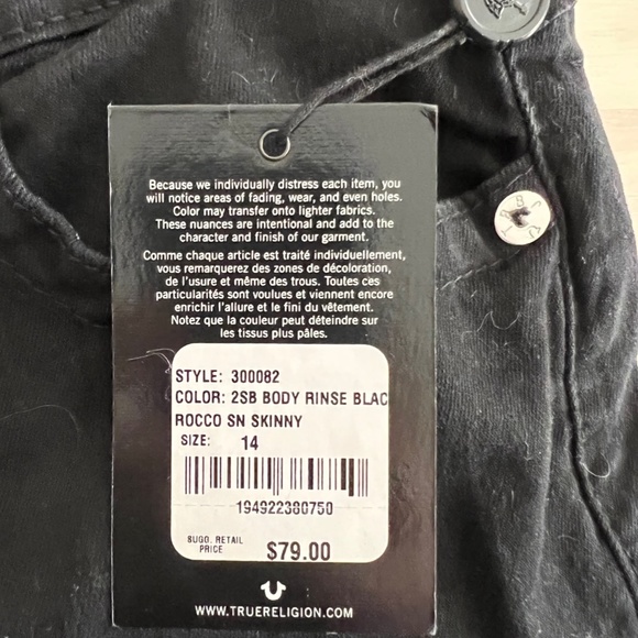 NWT Teen Boy True Religion Black Cotton Jeans - Rocco Skinny Size 14 Inseam 29" - Picture 7 of 15